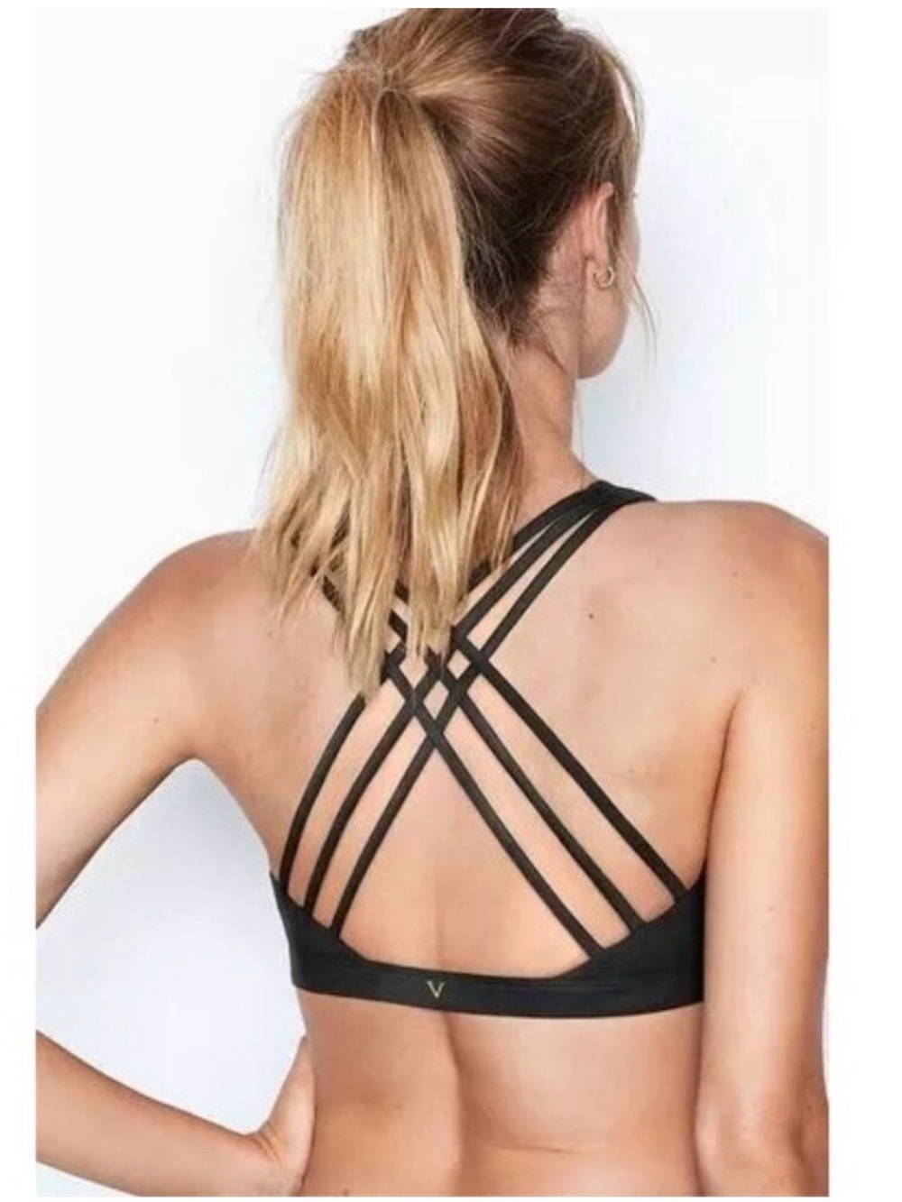Victoria’s Secret Black Lace Up Sports Bra Crisscross Back Athletic Bralette XL